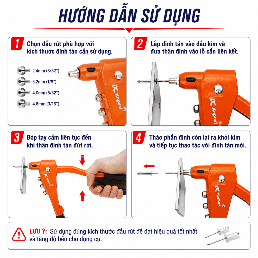 Kìm Rút Đinh Tán Cộng Lực Kapusi K6801 - Kềm Rút Rive Đinh Tán Nhôm Inox Tay Cầm Dài