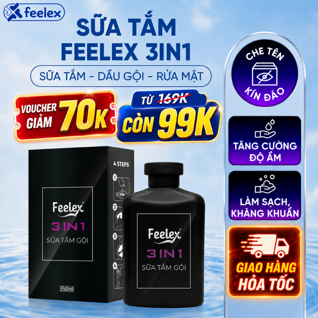 Sữa tắm gội rửa mặt Feelex 3 in 1 hương nước hoa cao cấp thanh lịch, hấp dẫn đẳng cấp phái mạnh - 350ml