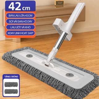 Cây Lau Nhà 42cm Bản Lớn | Cây Lau Nhà Tự Vắt Không Bẩn Tay, Xoay 360, Hút Tóc Mạnh, Tặng 2 Bông Lau