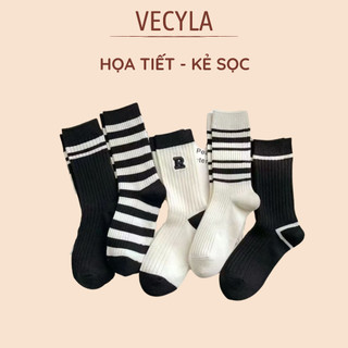 Tất kẻ chữ R màu đen trắng hoạ tiết nâng động, thấm hút mồ hôi, tất dành cho cả nam và nữ, tất cổ cao T791 BC_CHIC LINGE