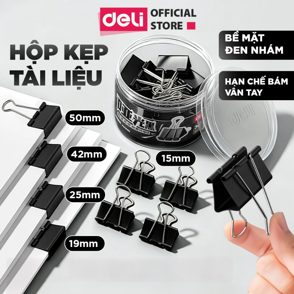 Kẹp Giấy Deli Đen Nhám Cao Cấp Kẹp Bướm Kẹp Tài Liệu Văn Phòng 15-50mm Chống Gỉ Chống Bám Vân Tay