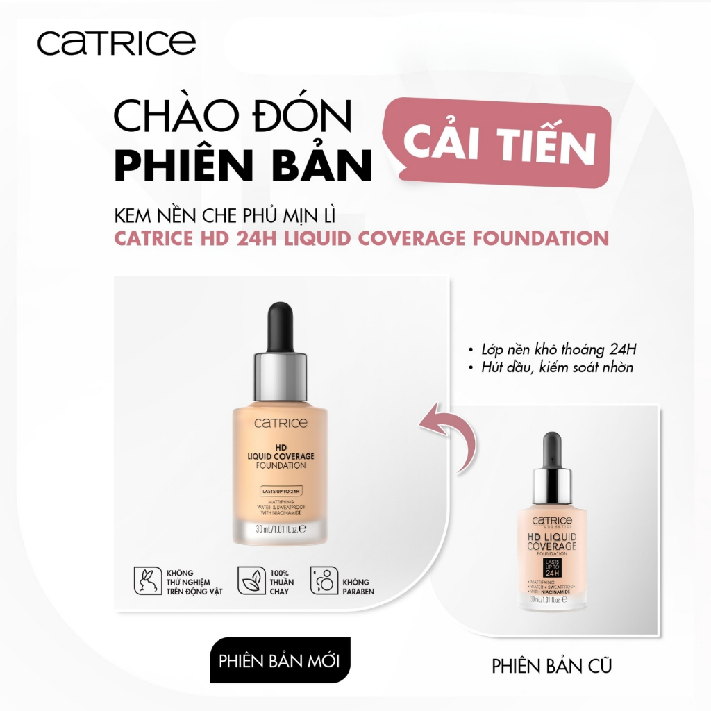 Kem nền Catrice HD Liquid Coverage Foundation kiềm dầu, che phủ tự nhiên tạo độ mịn màng cho da 30ml