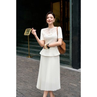 Áo Vest Nữ Cổ Ren Chân Váy Xếp Ly Charllot Chất Crepe Bộ Công Sở Tôn Dáng Đen/Nâu/Trắng