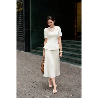 Áo Vest Nữ Cổ Ren Chân Váy Xếp Ly Charllot Chất Crepe Bộ Công Sở Tôn Dáng Đen/Nâu/Trắng