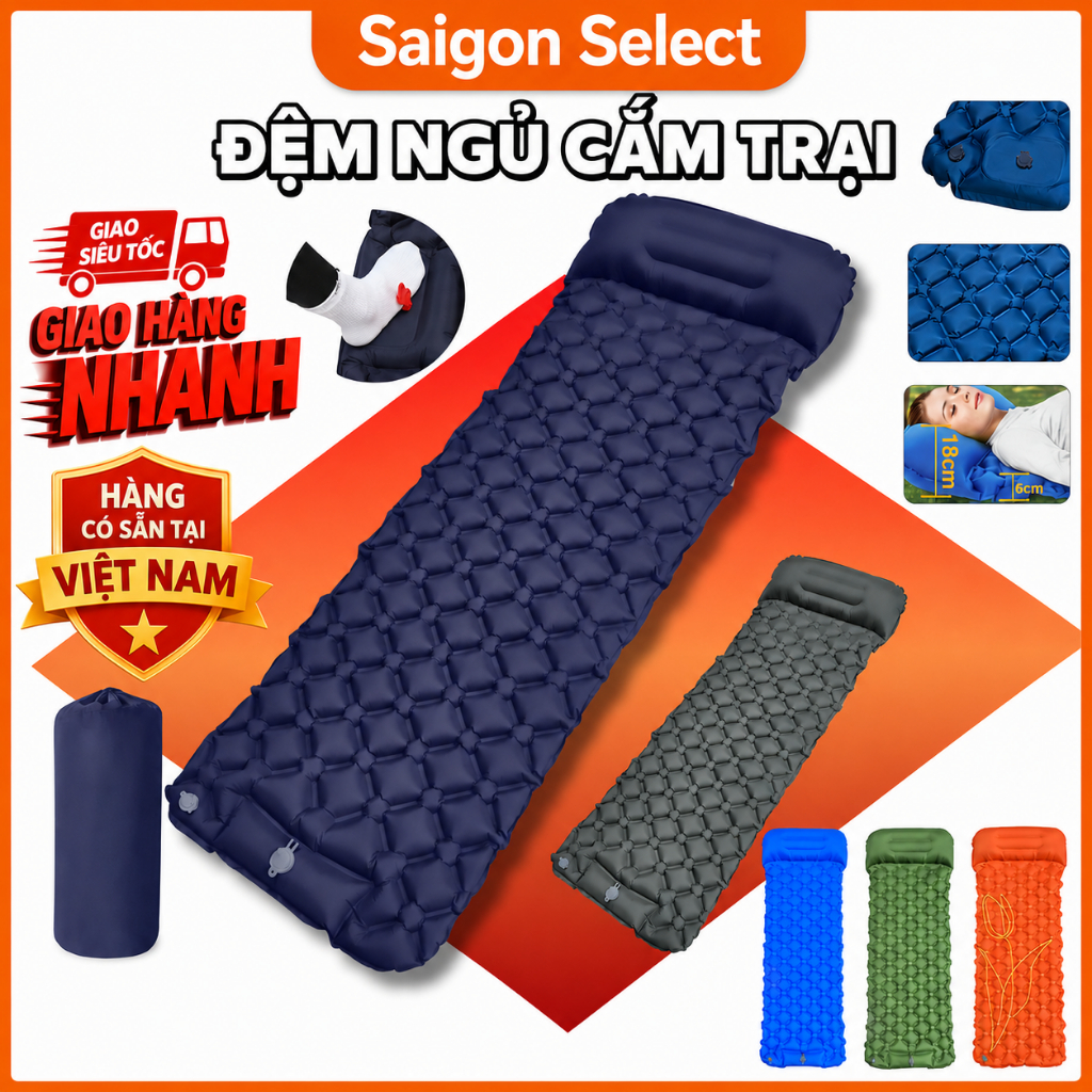⛺️Nệm Hơi Tự Bơm Cắm Trại Có Gối Liền Gấp Gọn, Đệm Ngủ Dã Ngoại Chống Nước, Thảm Khí Ngoài Trời Hàng Sẵn VN Giao Nhanh