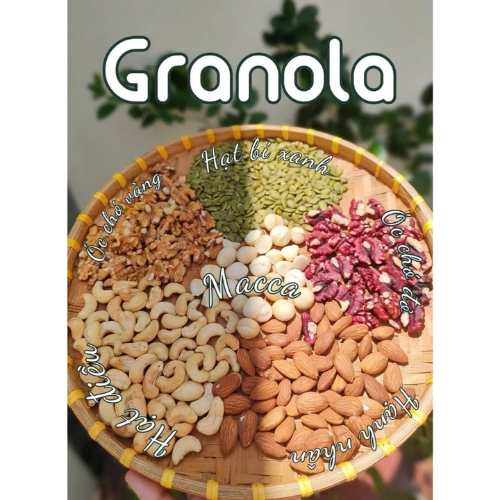 Granola Siêu Hạt Cao Cấp Từ Hạt Điều Bình Phước - Macca, Óc Chó, Hạnh Nhân, Hạt Mới Thơm Ngon Không Hôi Dầu