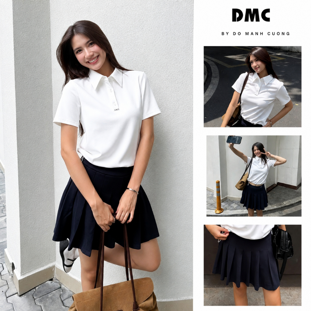 [EC2] Set bộ kiểu nữ áo polo chân váy xếp ly DMC (White Cotton Sport Polo And Dark Navy Mini Skirt)