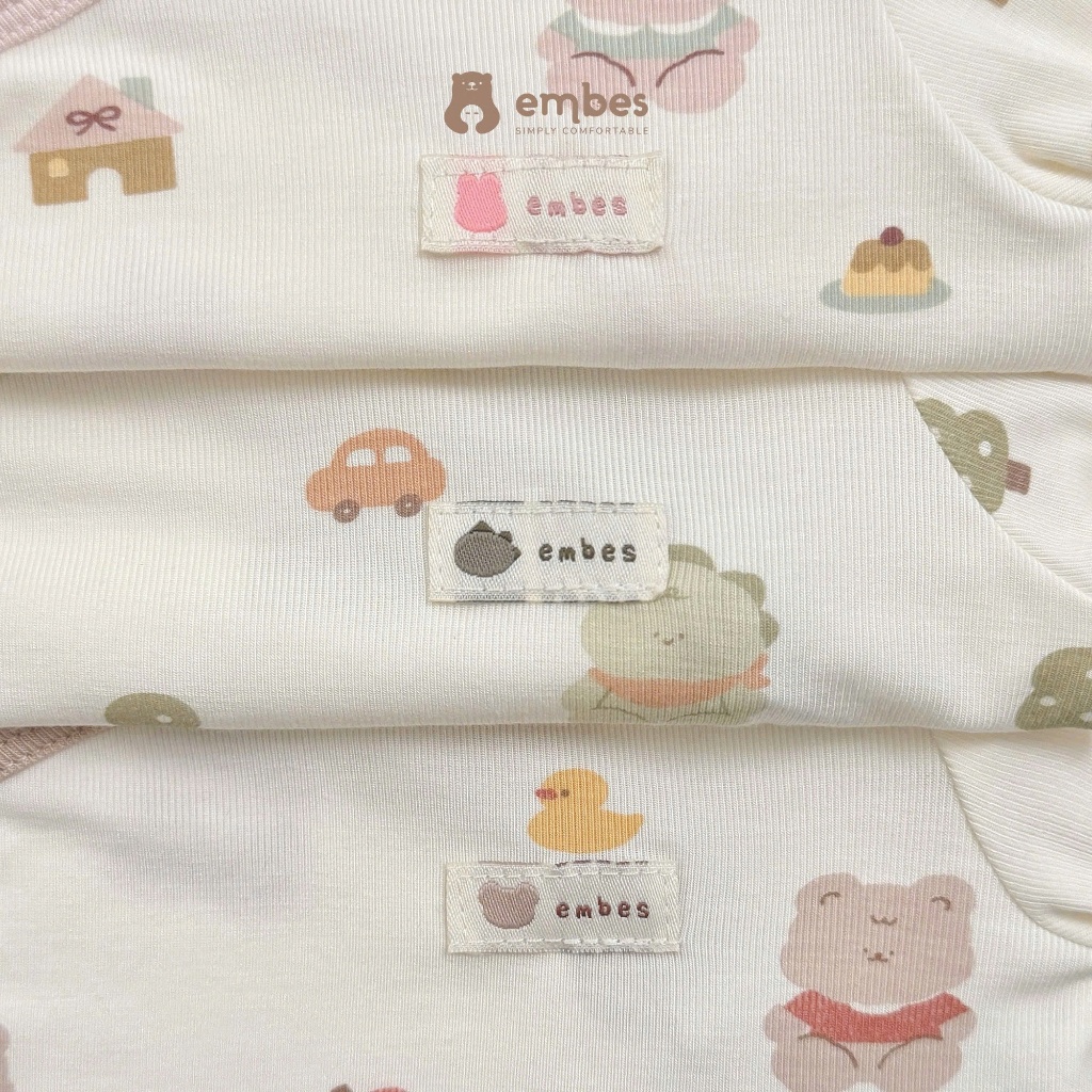 Bộ Sơ Sinh Embes, Bộ Dài Tay Cài Chéo Họa Tiết In Tràn Chất Viscose Mềm Cho Bé Sơ Sinh Từ 0-9Tháng