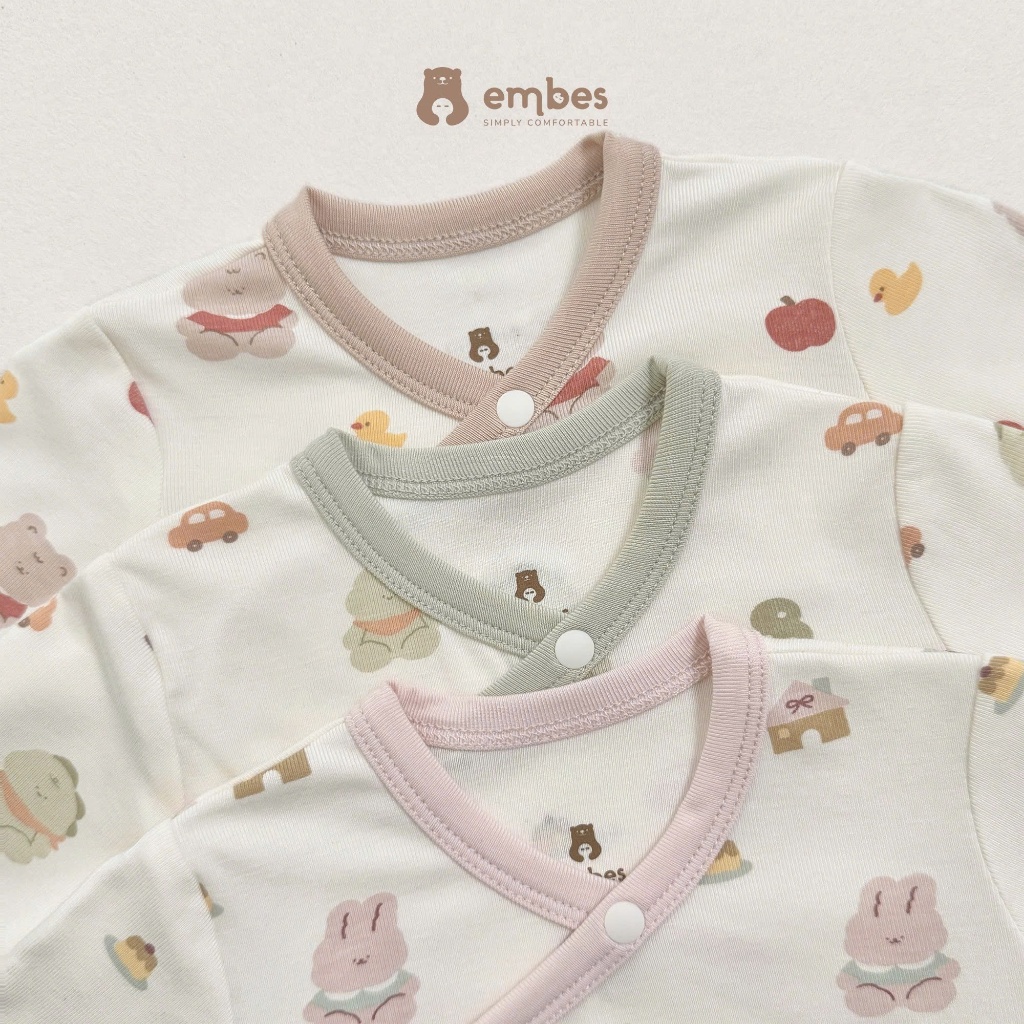 Bộ Sơ Sinh Embes, Bộ Dài Tay Cài Chéo Họa Tiết In Tràn Chất Viscose Mềm Cho Bé Sơ Sinh Từ 0-9Tháng