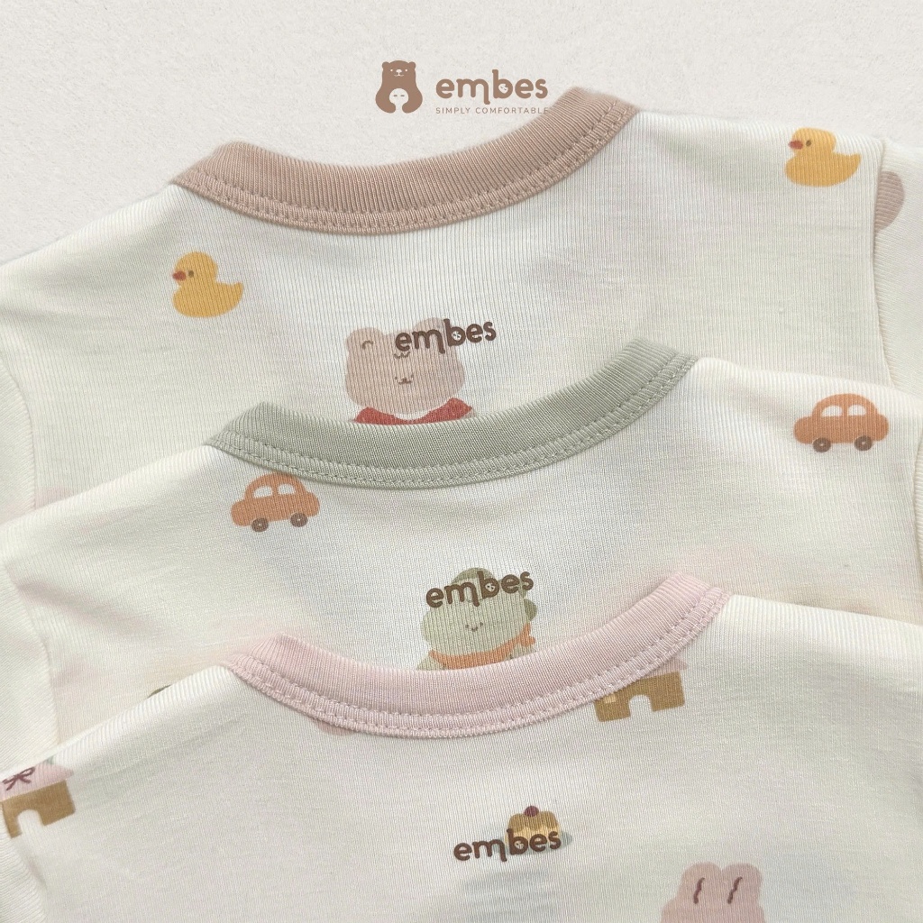 Bộ Sơ Sinh Embes, Bộ Dài Tay Cài Chéo Họa Tiết In Tràn Chất Viscose Mềm Cho Bé Sơ Sinh Từ 0-9Tháng