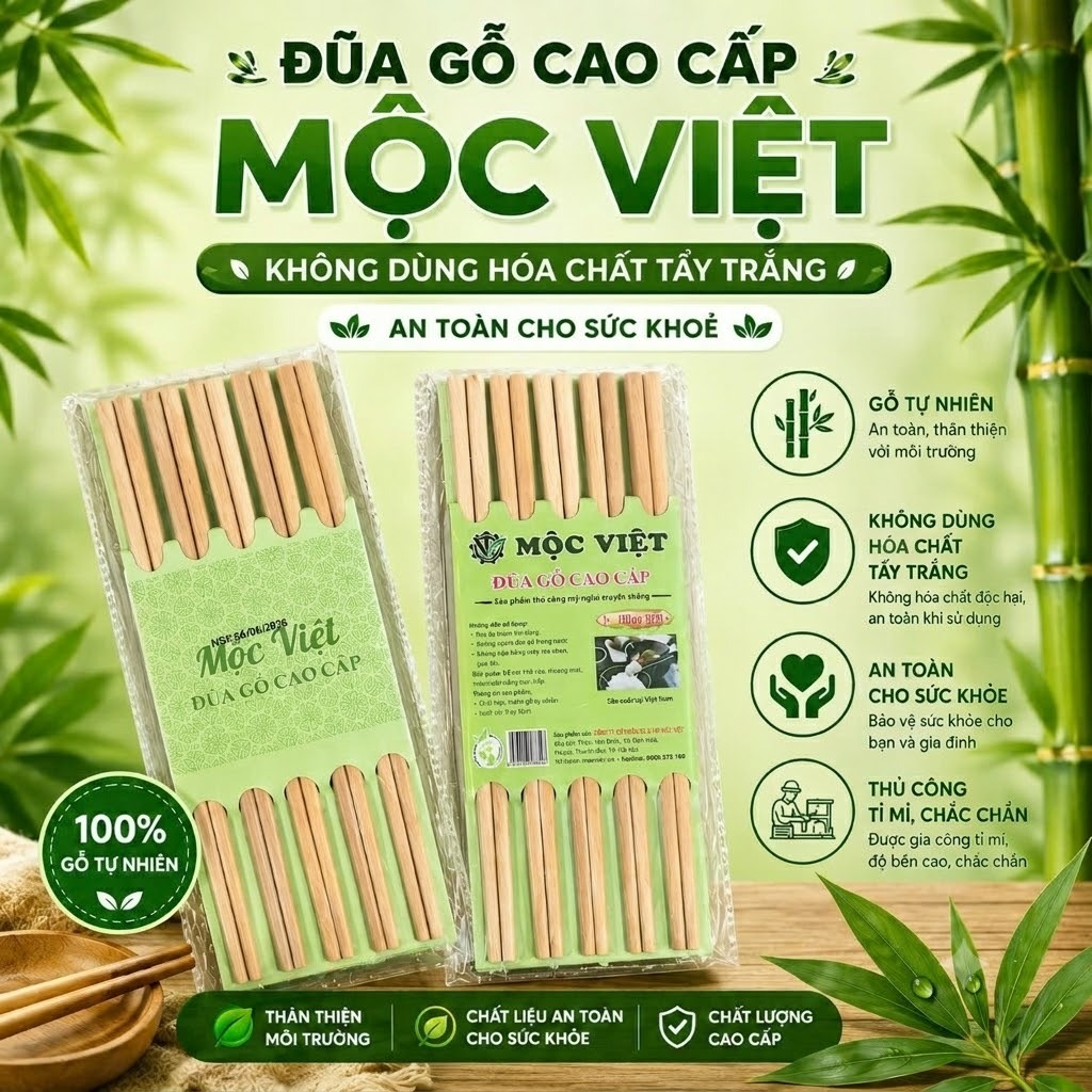 Đũa Gỗ Cao Cấp Mộc Việt – HoangNam Living (100% Gỗ Tự Nhiên, Không Hóa Chất, An Toàn Cho Sức Khỏe Gia Đình)