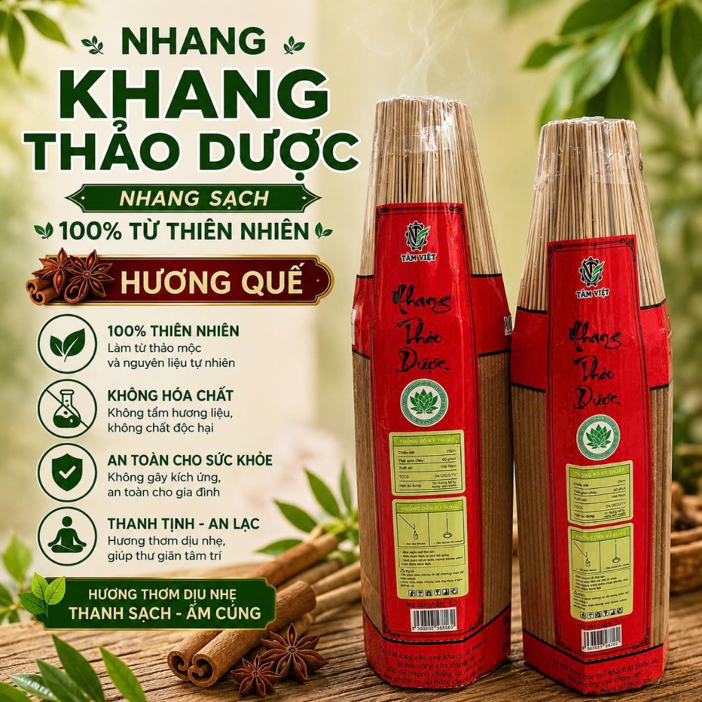 Nhang Thảo Dược Sạch Tâm Việt – HoangNam Living (Hương Quế 29cm, 100% Nguyên Liệu Tự Nhiên, An Toàn Cho Phòng Máy Lạnh)