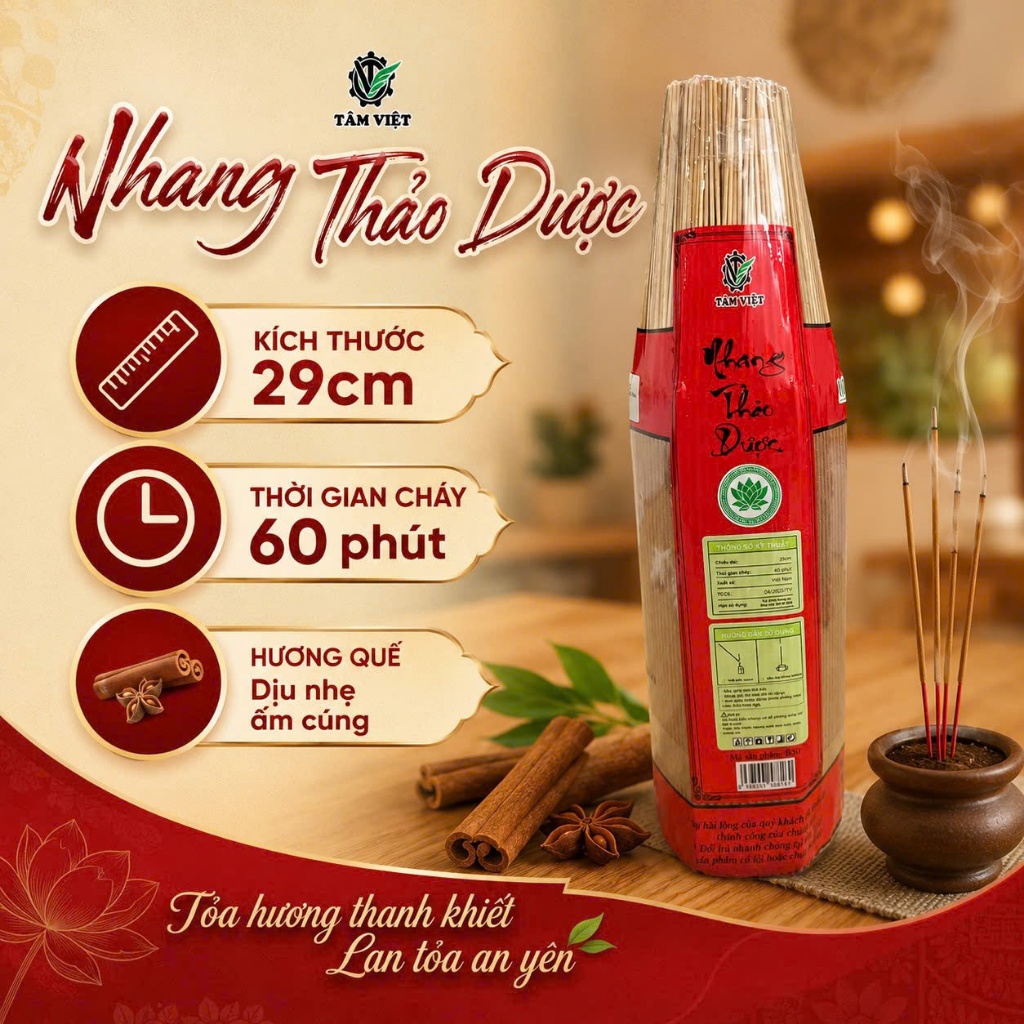 Nhang Thảo Dược Sạch Tâm Việt – HoangNam Living (Hương Quế 29cm, 100% Nguyên Liệu Tự Nhiên, An Toàn Cho Phòng Máy Lạnh)
