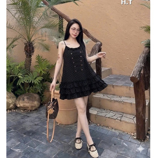 Váy Đũi Chấm Bi 2 Dây Đen Trắng Đính 2 Hàng Khuy Phối Viền Bèo Tầng Gấu Đầm Nữ 2s