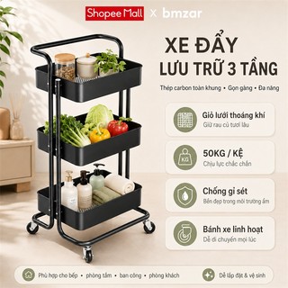 BMZAR Kệ Xe Đẩy Spa 3 Tầng Đa Năng Thép Carbon Có Tay Vịn Xe Đẩy Để Đồ Bỉm Sữa Chịu Lực Tốt