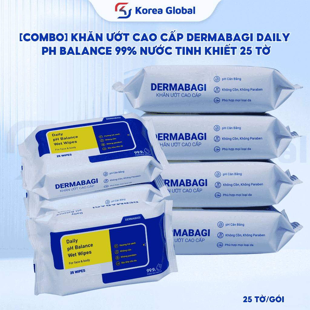 Khăn Ướt DERMABAGI Daily pH Balance Wet Wipes 25 Tờ - Cân Bằng pH, Làm Sạch Dịu Nhẹ Face & Body, Hương Trà Xanh