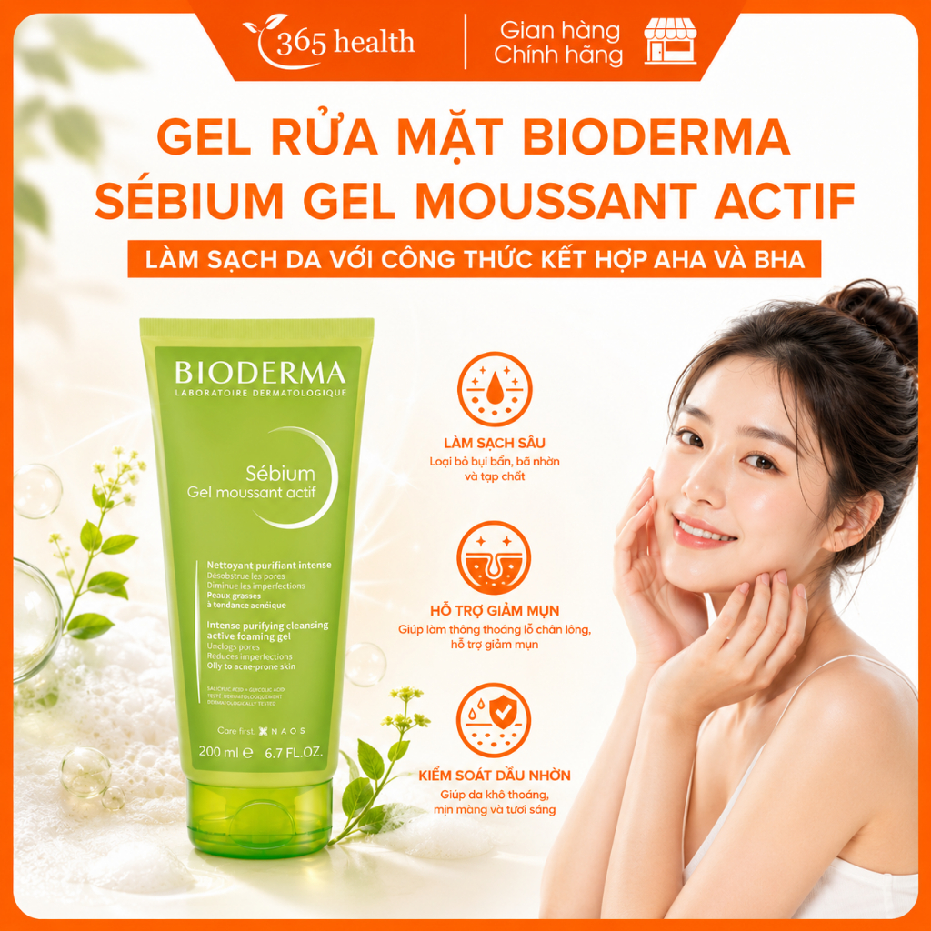 Gel Rửa Mặt Làm Sạch Sâu & Hỗ Trợ Giảm Mụn Bioderma Sebium Gel Moussant Actif 200ml