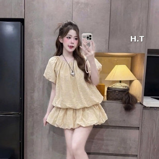 Set Bộ Đồ Nữ Gió Phồng Váy Bí Nữ Ngắn Tay Cổ TRòn Chun Eo Gấu Phồng Kèm Quần Bảo Hộ