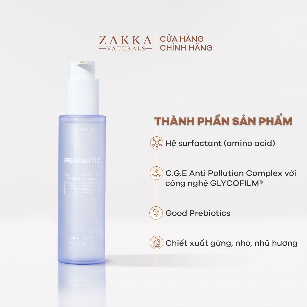 Combo 2 Gel Rửa Mặt Sạch Bụi Mịn Probiotic Anti-Pollution Radiance Amino Gel Zakka Naturals 150ml