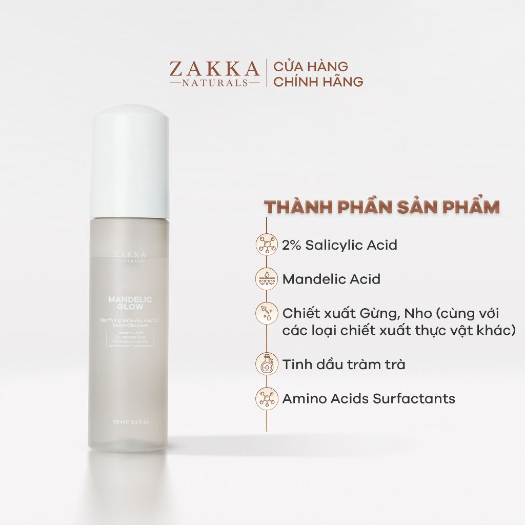 Combo 2 Sữa rửa mặt tạo bọt BHA, AHA Mandelic Glow Zakka Naturals 185ml