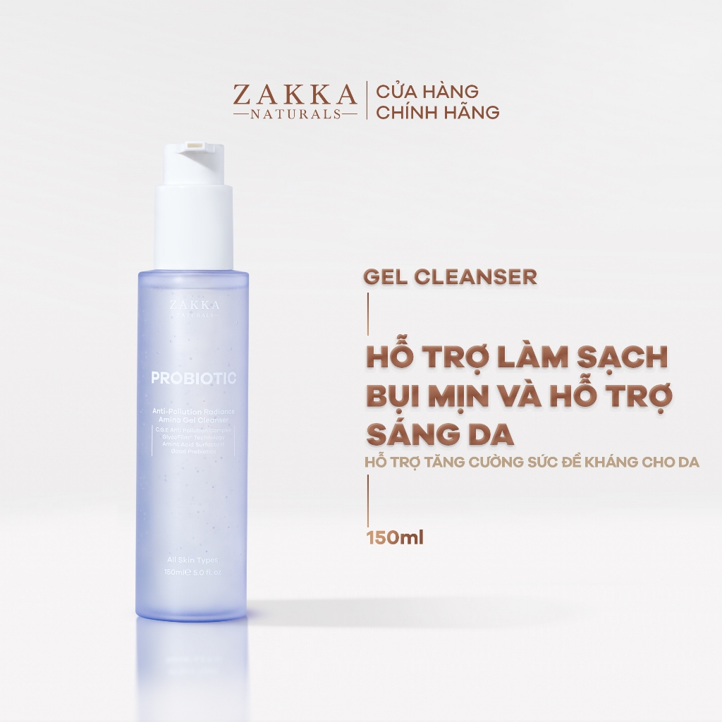 Gel Rửa Mặt Probiotic Anti-Pollution Radiance Amino Gel Zakka Naturals Giúp Làm Sạch Bụi Mịn và Hỗ Trợ Sáng Da 150ml