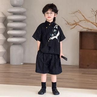Set Bé Trai Áo Vest Đen Họa Tiết Hạc Đính Kim Tuyến + Quần Short Mellow Duck (4-13 Tuổi) M2511001