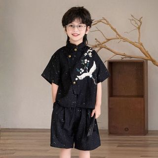 Set Bé Trai Áo Vest Đen Họa Tiết Hạc Đính Kim Tuyến + Quần Short Mellow Duck (4-13 Tuổi) M2511001