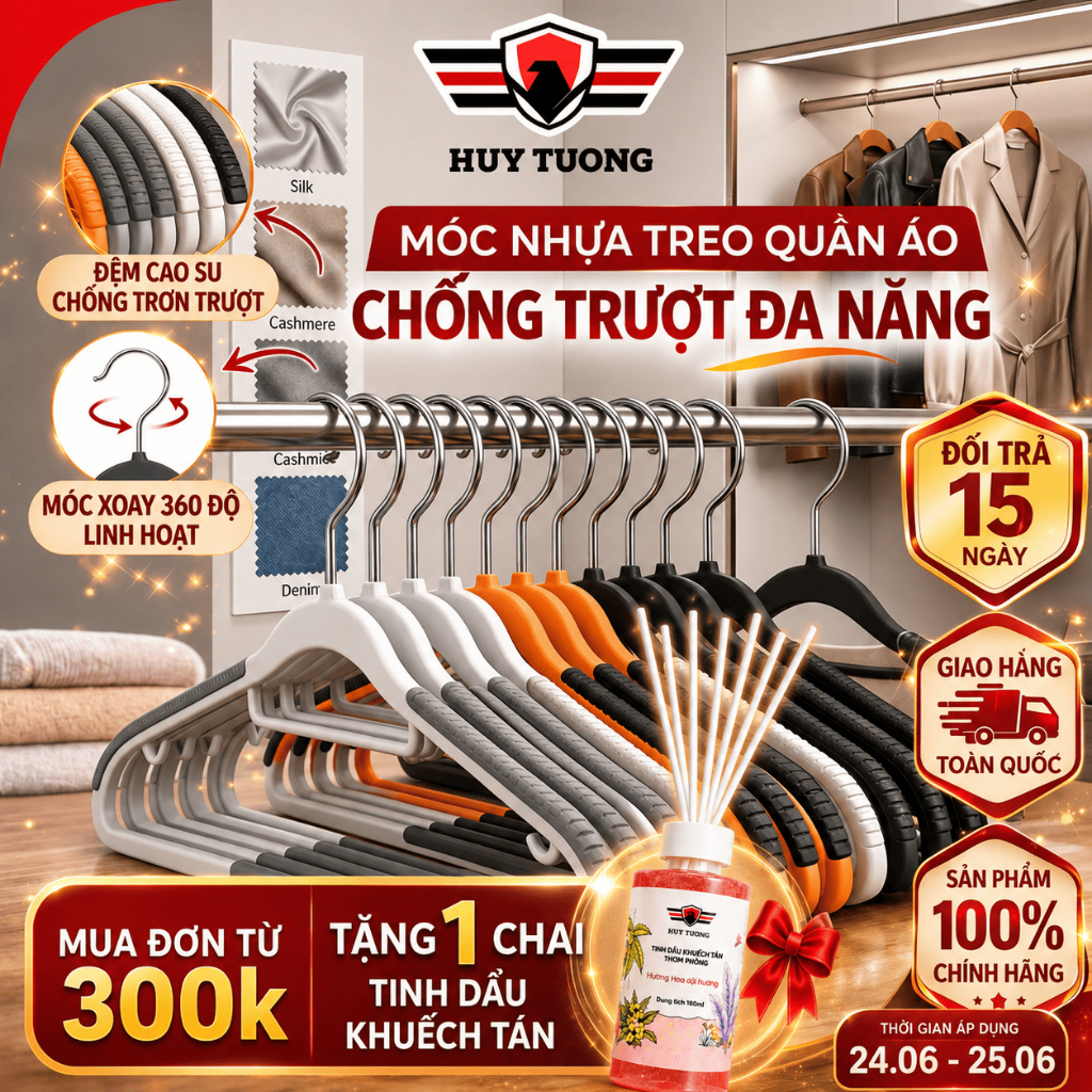 Combo 50 Móc Nhựa Treo Quần Áo Chống Trượt Đa Năng Huy Tưởng, Móc Treo Đồ Chống Tuột Xoay 360 Độ | BigBuy360 - bigbuy360.vn