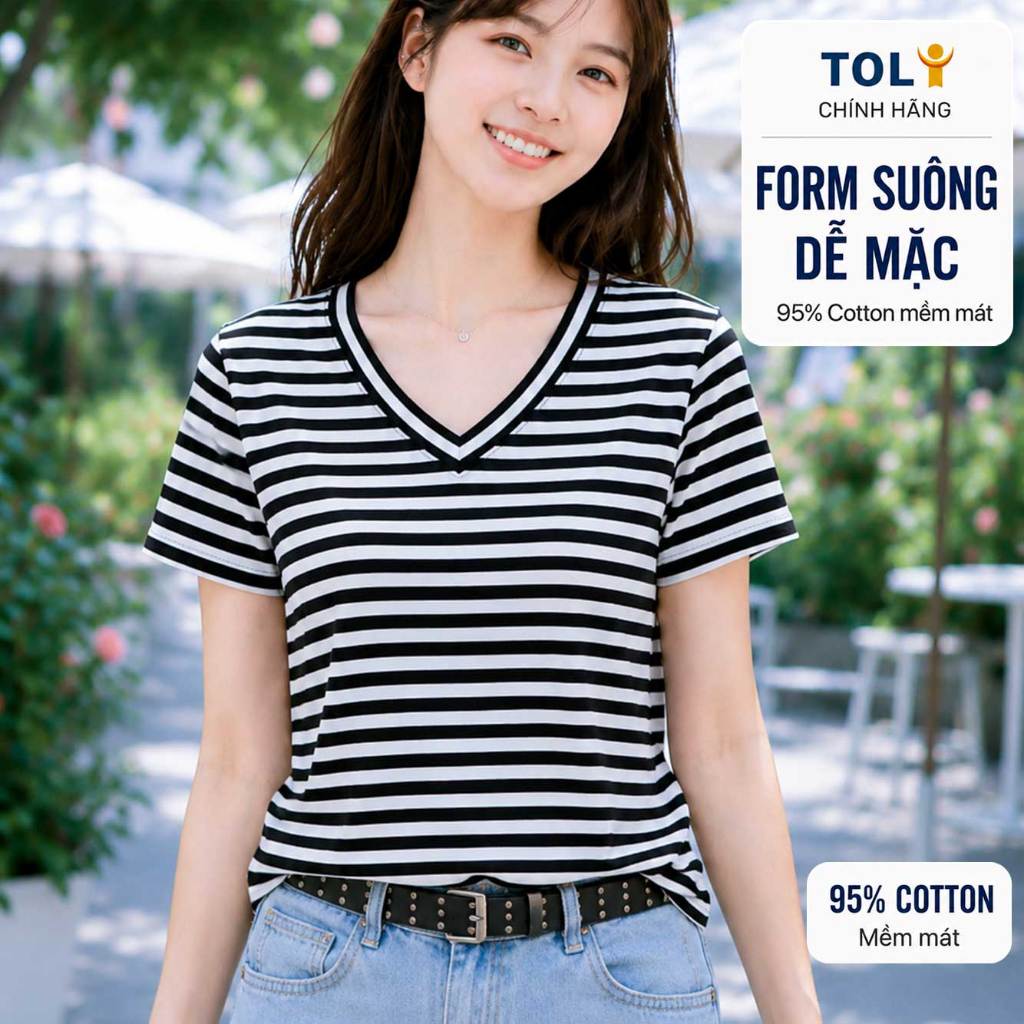 Áo thun nữ sọc ngang cổ tim TOLI BSV15 – Cotton mềm, form suông gọn dáng, dễ phối mặc mỗi ngày