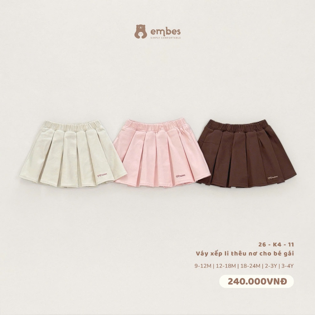 Váy Bé Gái Embes, Chân Váy Xếp Ly Dáng Tennis Thêu Họa Tiết Nơ Chất Cotton Mềm Cho Bé Gái Từ 8-18Kg