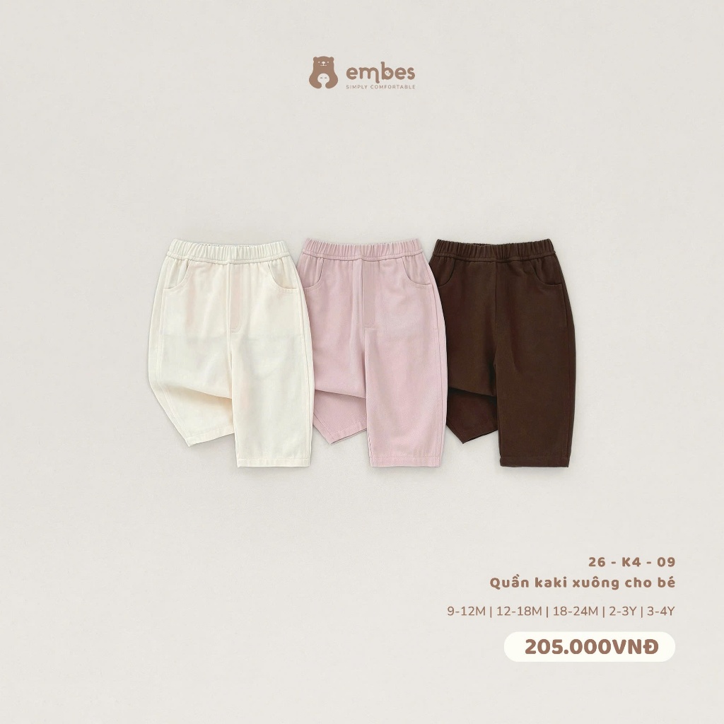 Quần Dài Cho Bé Embes, Quần Kaki Dài Ống Xuông Màu Trơn Basic Cho Bé Trai Bé Gái Size Từ 8-18Kg