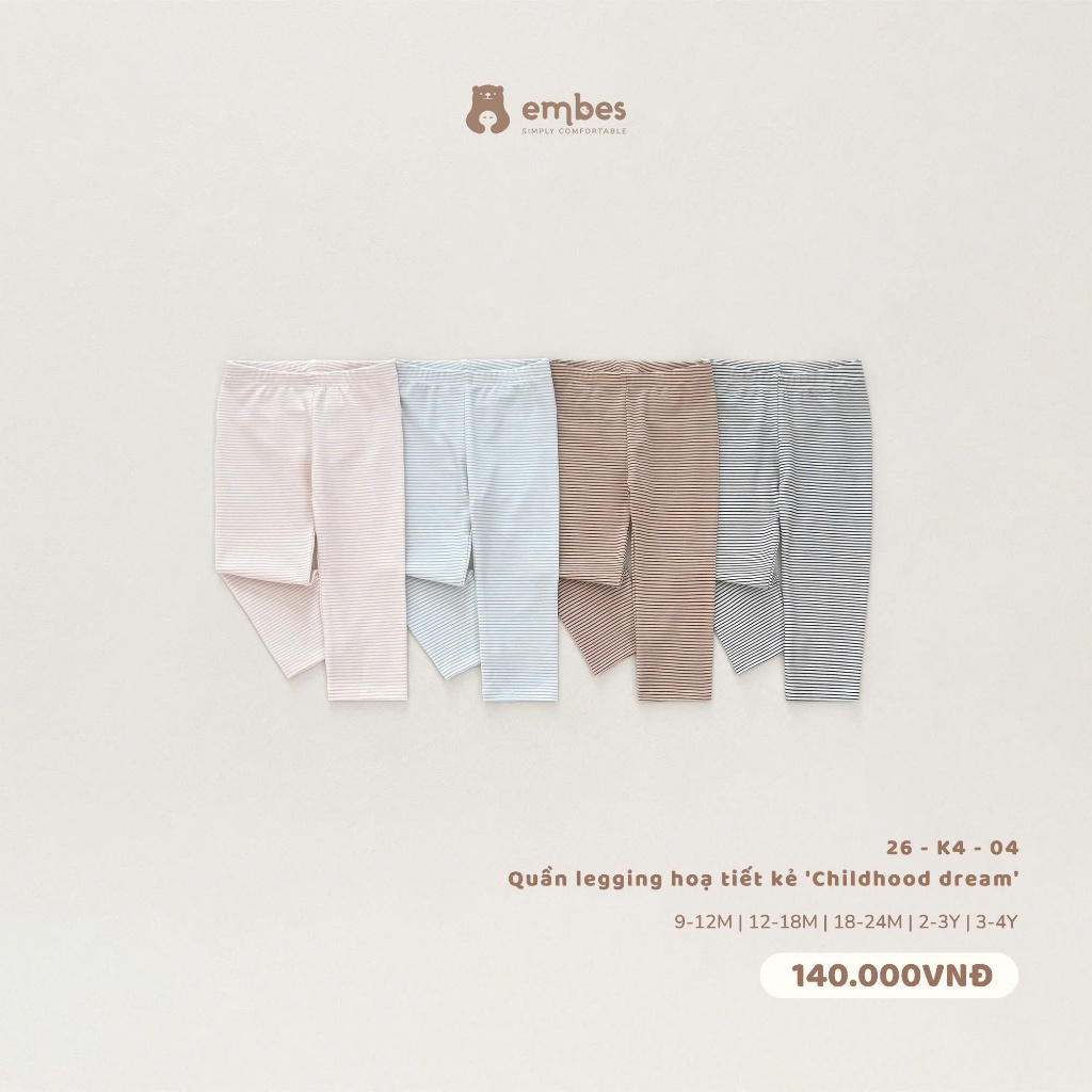 Quần Legging Cho Bé Embes, Quần Legging Họa Tiết Kẻ Ngang Chất Lycocell Cho Bé Trai Bé Gái Từ 8-18kg