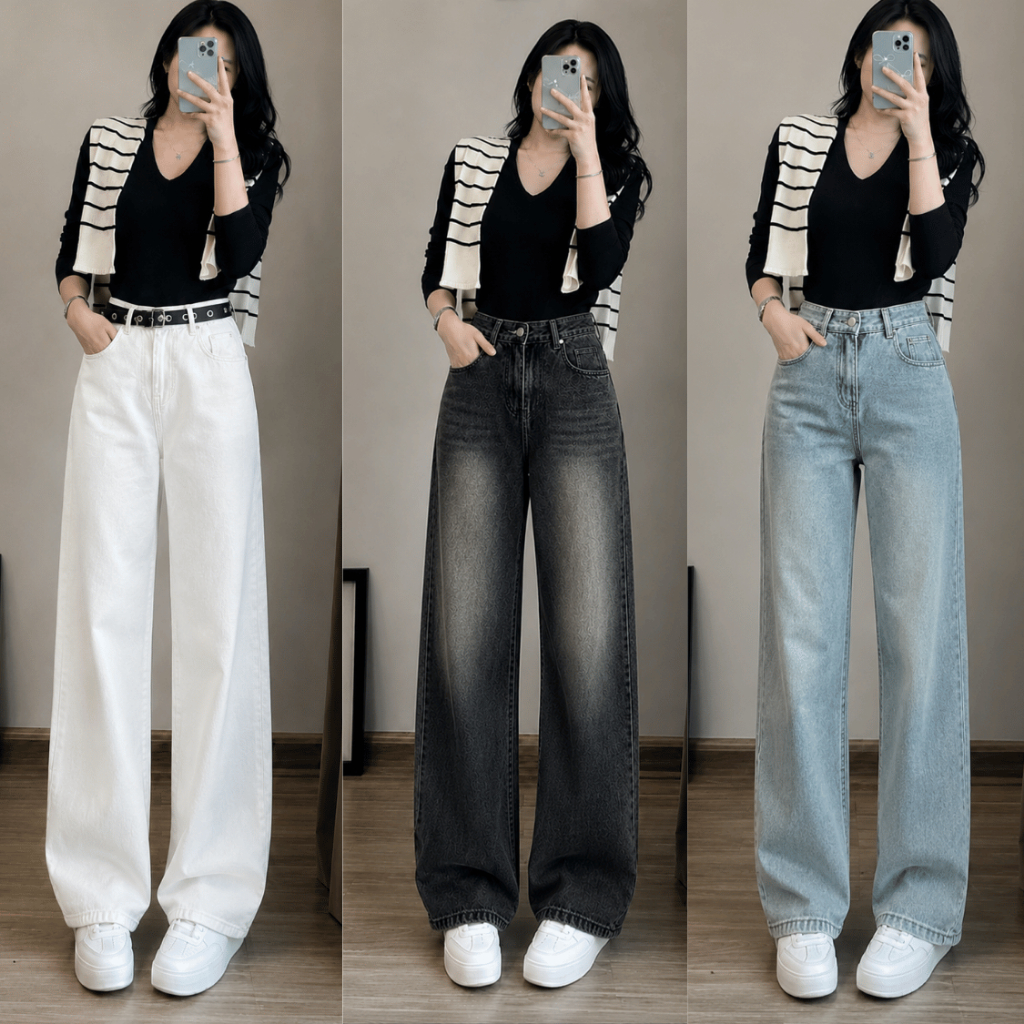 Quần Jean Nữ Bigsize 55-90kg Lưng Cao Trơn Basic Ống Suông, Quần Bò Màu Trắng Đen Xanh Đi Học MS105