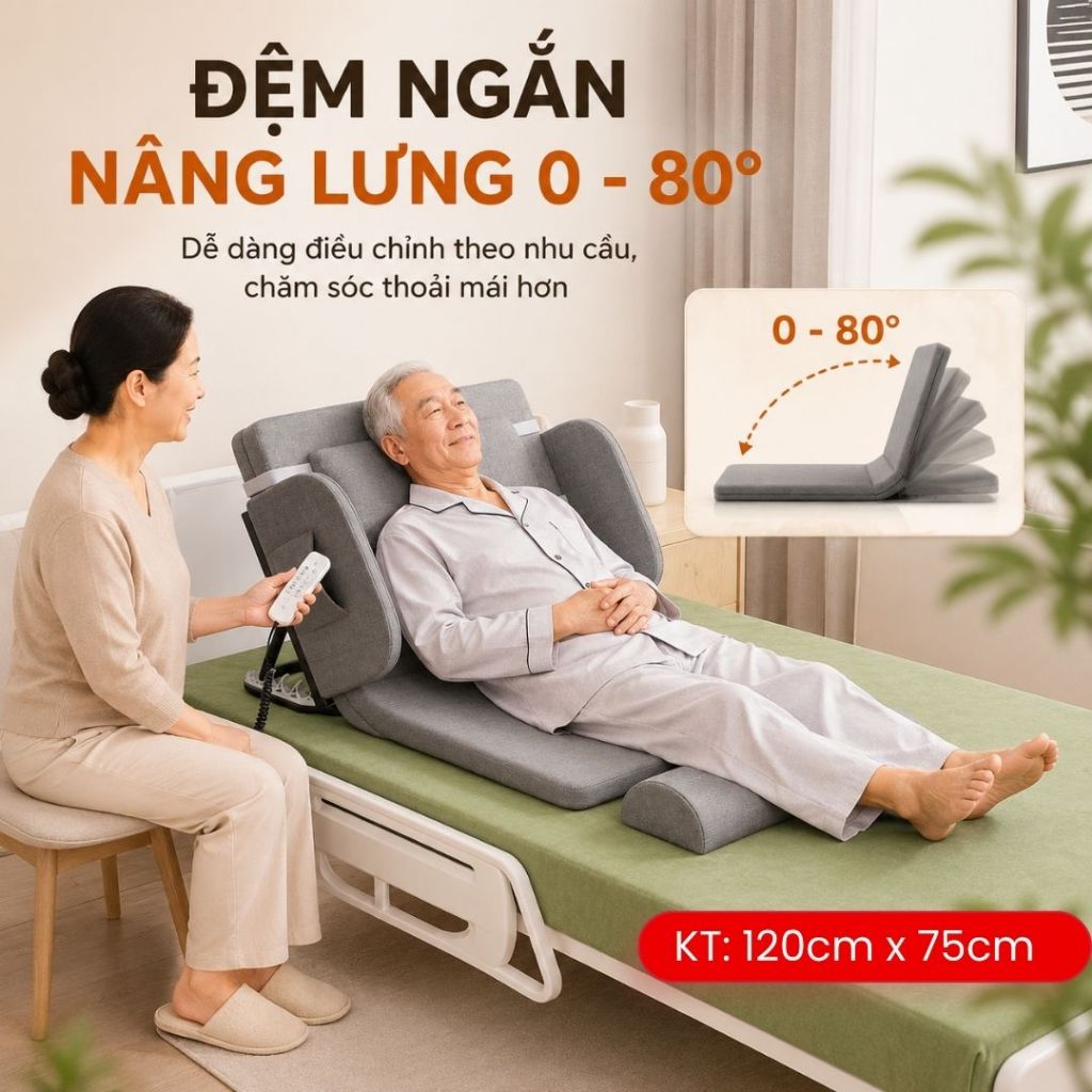 Đệm Nâng Lưng - Chân - Lật nghiêng Điện 0-80° Cho Người Bệnh, Đệm nâng hạ Tự động - Hỗ Trợ Ngồi Dậy (BÀO HÀNH 2 NĂM)