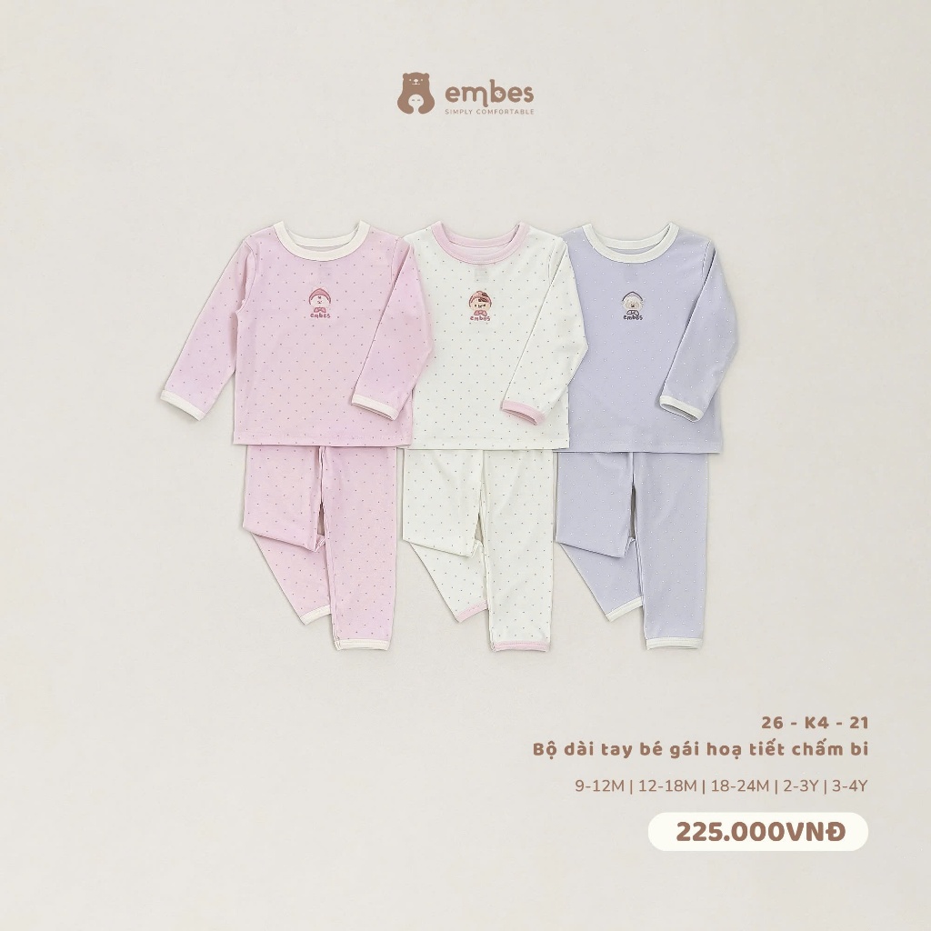 Bộ Dài Tay Bé Gái Embes, Bộ Dài Tay Họa Tiết Chấm Bi Thêu Hình Chất Lycocell Cho Bé Gái Từ 8-18kg