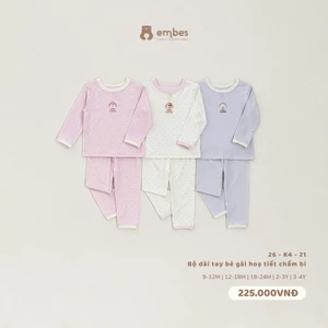 Bộ Dài Tay Bé Gái Embes, Bộ Dài Tay Họa Tiết Chấm Bi Thêu Hình Chất Lycocell Cho Bé Gái Từ 8-18kg