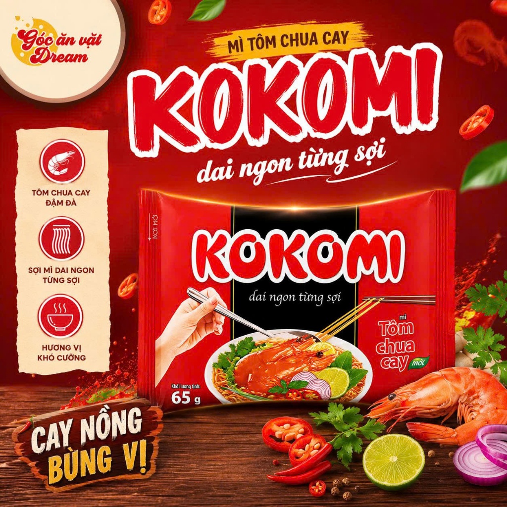 Mì Tôm Chua Cay Kokomi Ngon Từng Sợi 65g - Mì Ăn Liền Sợi Dai Giòn Đậm Vị Thùng 30 gói