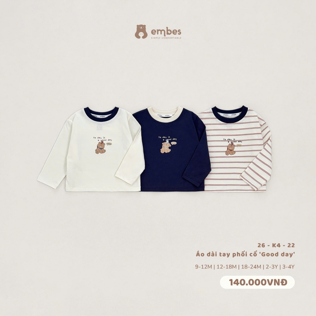 Áo Dài Tay Cho Bé Embes, Áo Thun Dài Tay Ngực In Họa Tiết Chất Cotton Cho Bé Trai Bé Gái Từ 8-18kg
