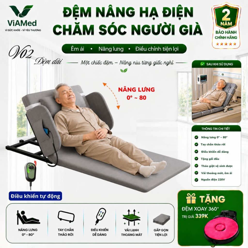 Đệm Nâng Lưng Điện 0-80° Cho Người Bệnh, Người Già - Hỗ Trợ Ngồi Dậy Loại Dài 190x75cm (BÀO HÀNH 2 NĂM)