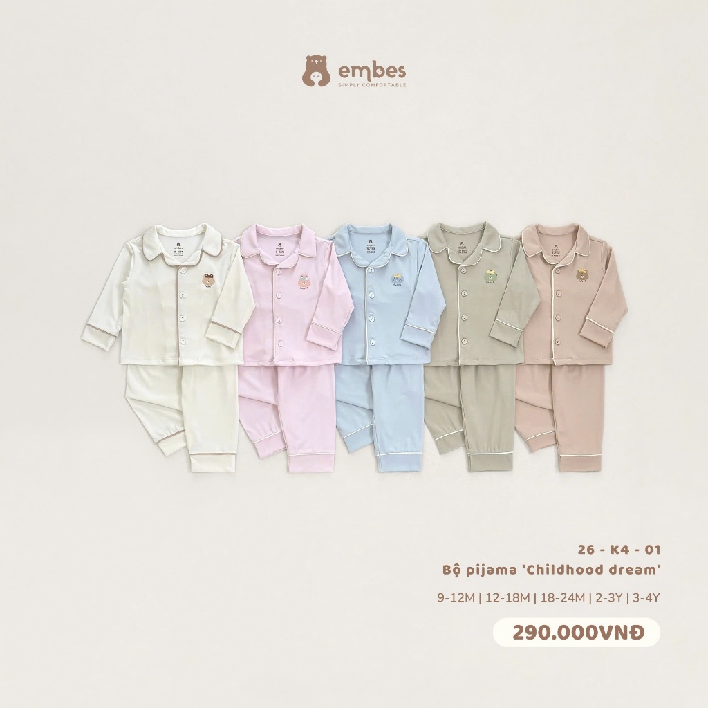 Đồ Ngủ Dài Tay Cho Bé Embes, Bộ Pijama Dài Tay In Họa Tiết Chất Cotton Cho Bé Trai Bé Gái Từ 8-18Kg