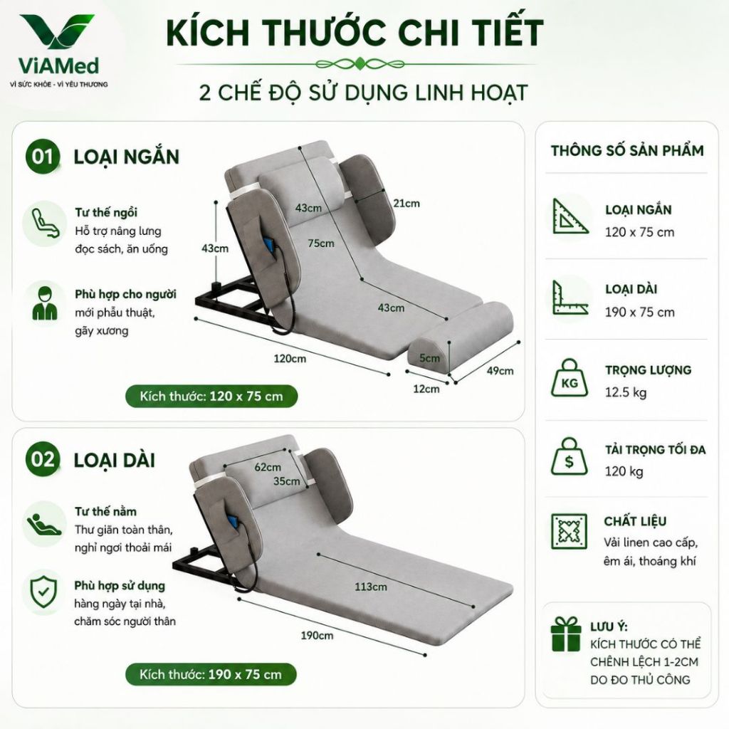 Đệm Nâng Lưng Điện 0-80° Cho Người Bệnh, Người Già - Hỗ Trợ Ngồi Dậy Loại Dài 190x75cm (BÀO HÀNH 2 NĂM)