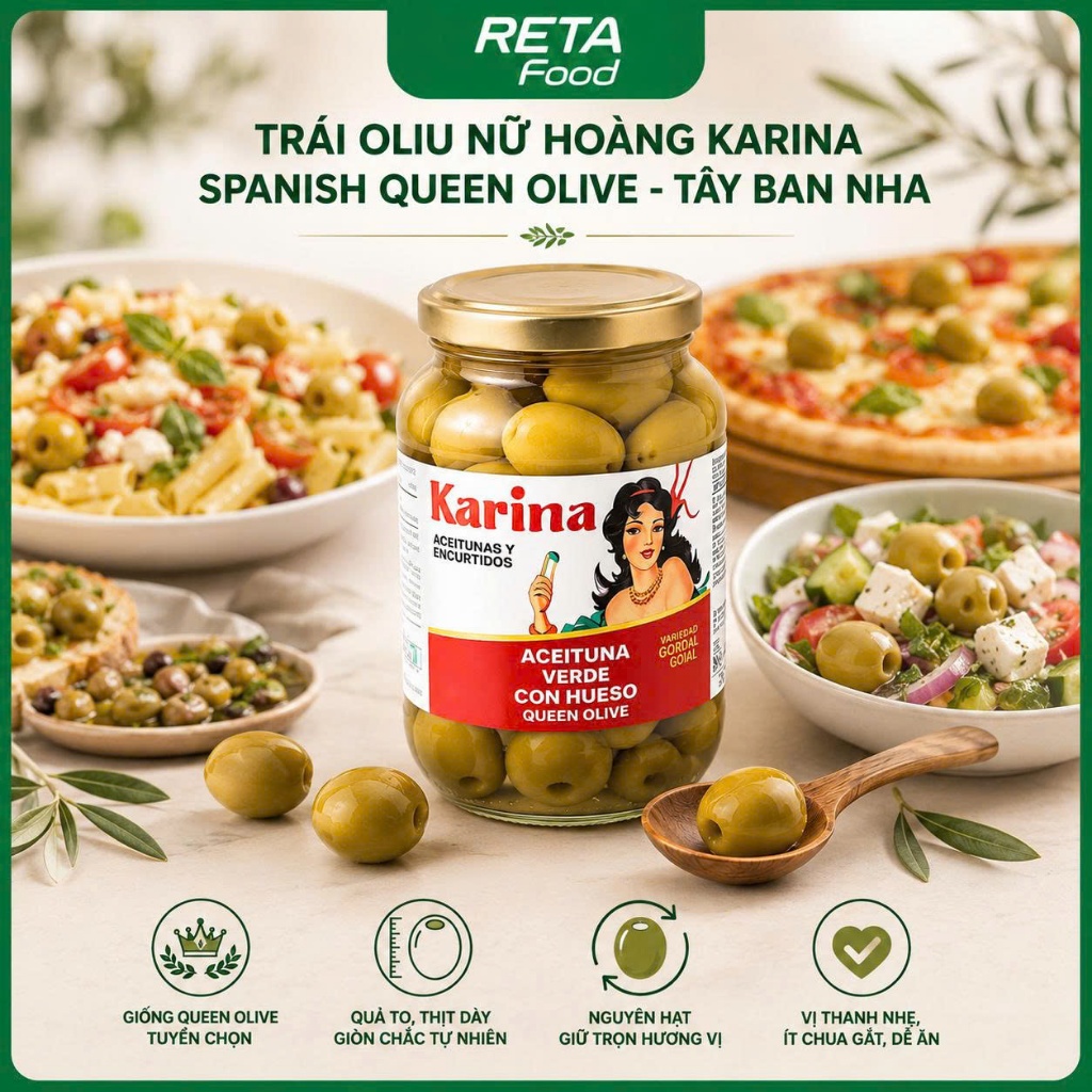 Trái Oliu Nữ Hoàng Karina Spanish Queen Olive 870gr - Xanh Nguyên Hạt Quả To, Thịt Dày Giòn Chắc - Nhập khẩu Tây Ban Nha