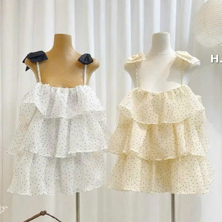 Áo Váy 2 Dây Bi Nhí Tơ Đũi Đính Vai Nơ Xếp Bèo Tầng Đầm Nữ 2s Bèo Tầng Dáng Ngắn