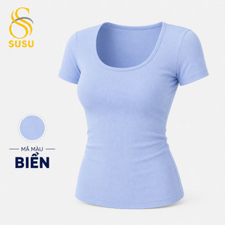 Áo Thun Nữ Cổ Vuông Ôm Body Thắt Eo SUSU | Cotton Co Giãn 4 Chiều | Tay Ngắn Tôn Dáng