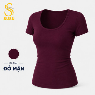 Áo Thun Nữ Cổ Vuông Ôm Body Thắt Eo SUSU | Cotton Co Giãn 4 Chiều | Tay Ngắn Tôn Dáng