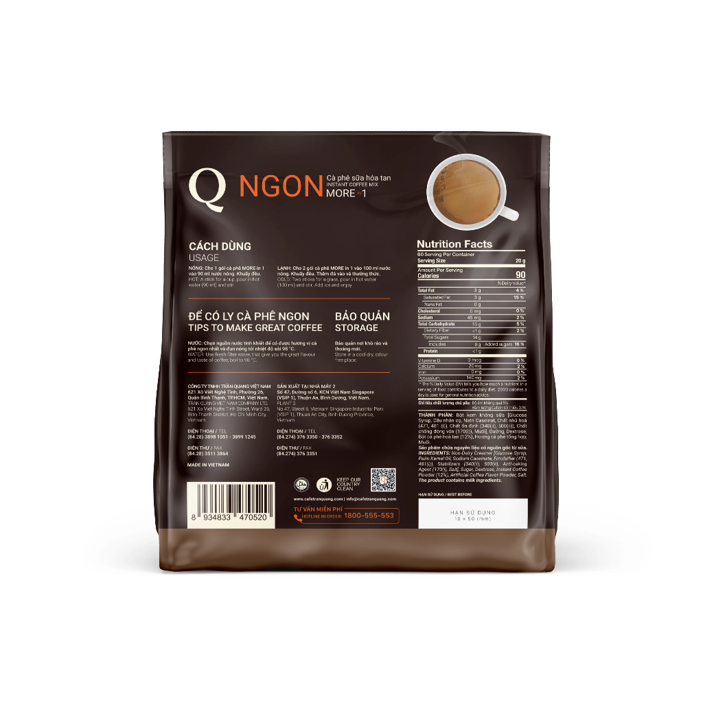 Cà Phê Sữa Hòa Tan Trần Quang Q Classic Ngon / Good Morning (Bịch 24 Ống x 20g)
