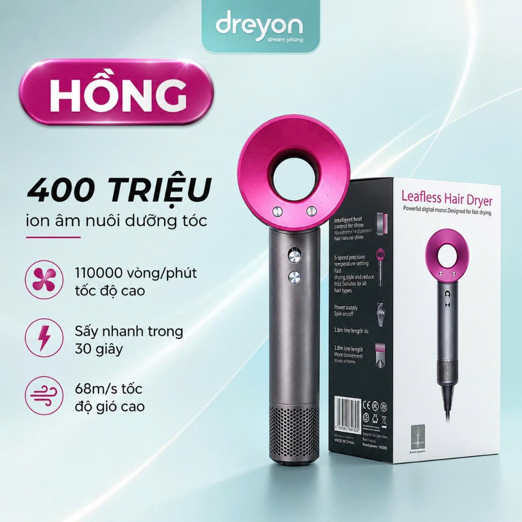 Máy sấy tóc ion âm DREYON 110000 vòng/phút, sấy nhanh, giảm sơ rối, bảo vệ tóc hiệu quả