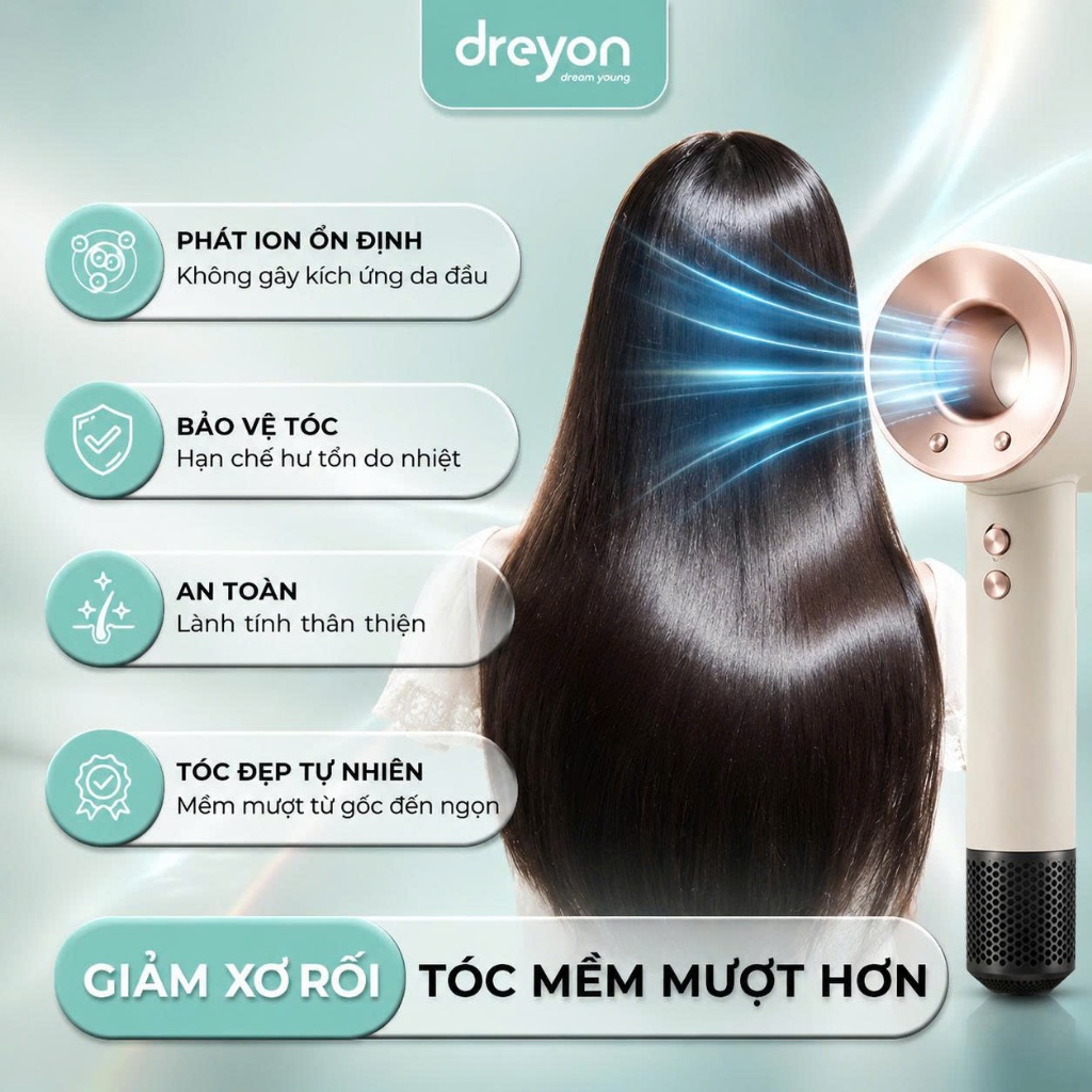 Máy sấy tóc ion âm DREYON 110000 vòng/phút, sấy nhanh, giảm sơ rối, bảo vệ tóc hiệu quả