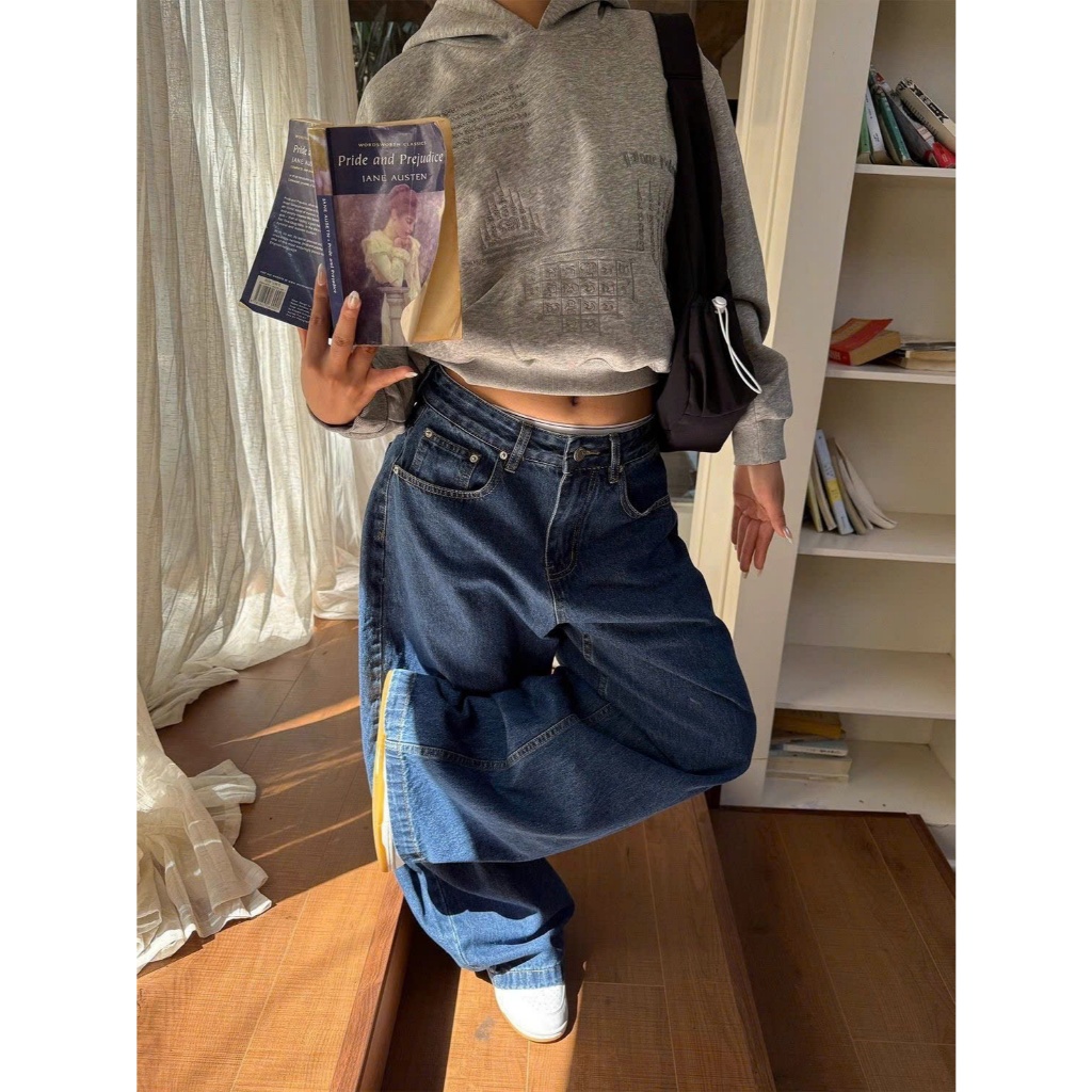 Quần jean unisex ống rộng màu xanh đậm trơn cạp vừa - Tiktik