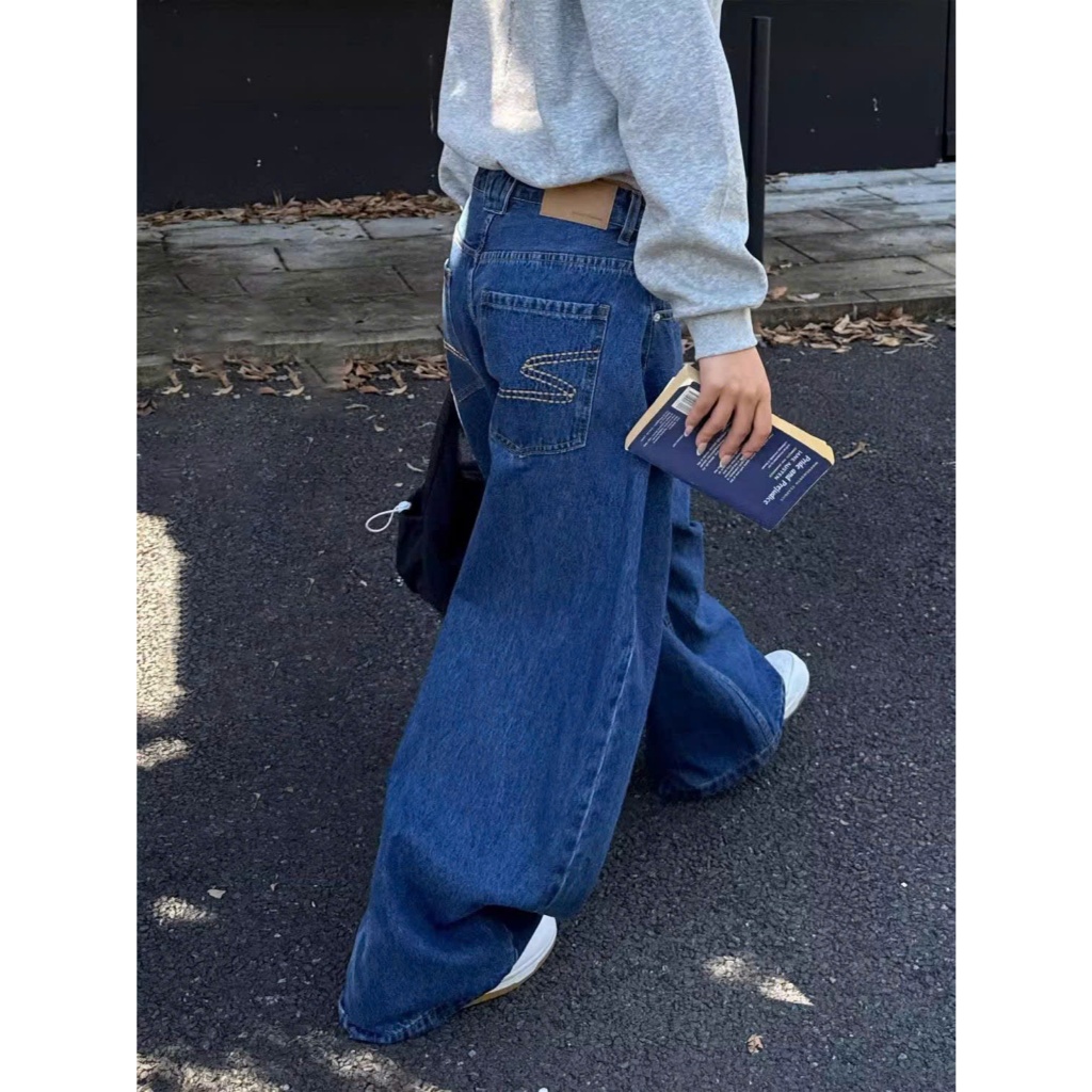 Quần jean unisex ống rộng màu xanh đậm trơn cạp vừa - Tiktik